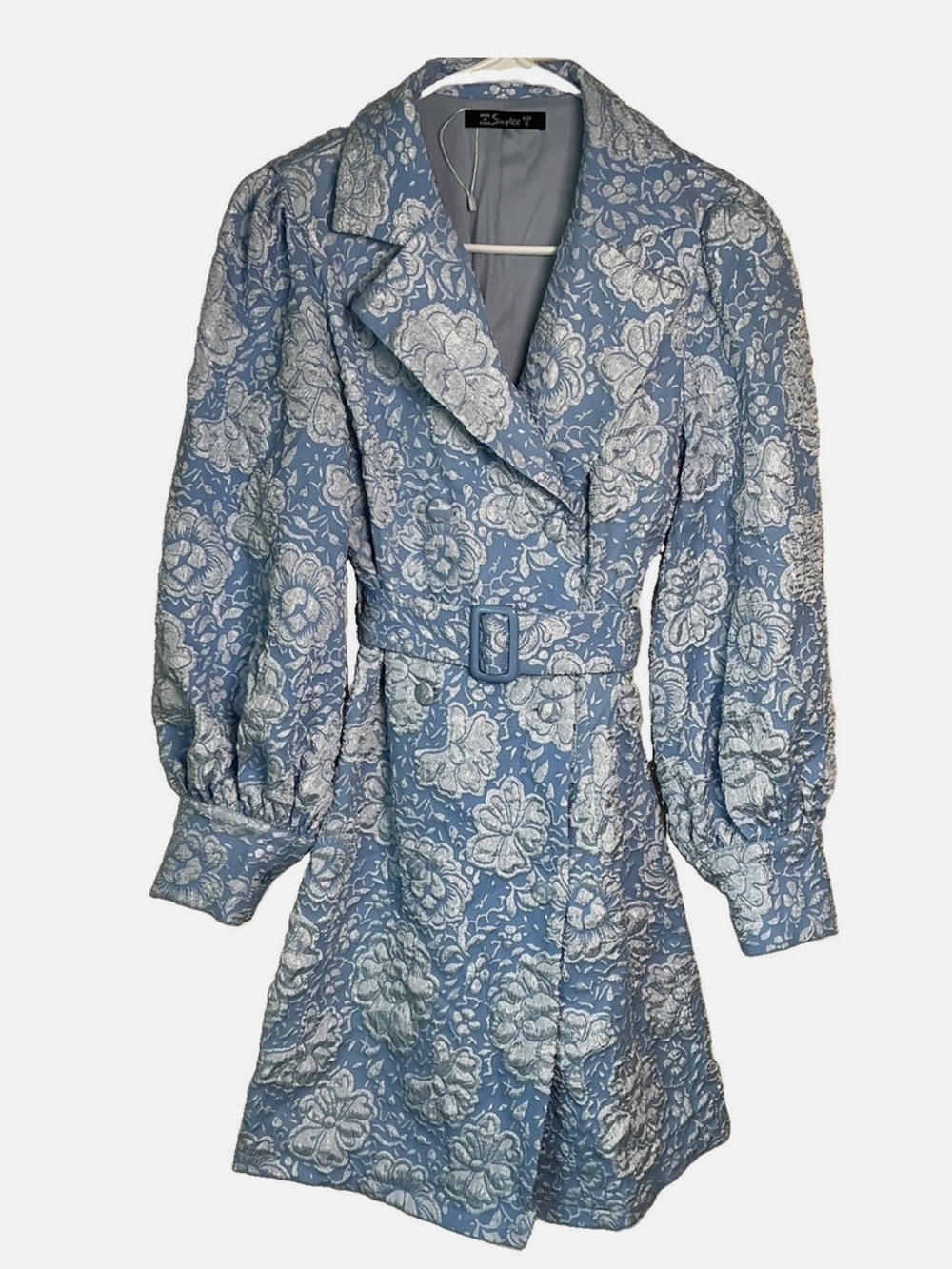 Blue Floral Textured Double Breasted Peacoat Trench Belt Coquette Romantic S